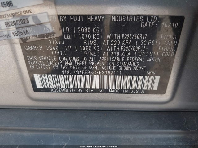 Aukcja sprzedaży 2011 Subaru Outback 2.5i Limited, vin: 4S4BRBKCXB3362111, numer aukcji: 42476858