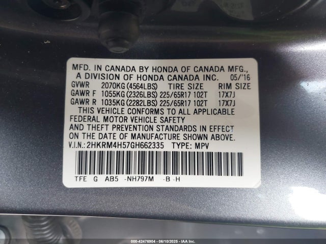 Honda k24w9 2016 2HKRM4H57GH662335 Image 9