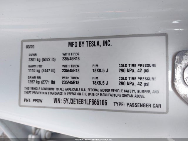 2020 TESLA MODEL 3 5YJ3E1EB1LF665106 Photo 8