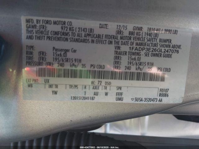 1FADP3E26GL247076 Ford FOCUS S