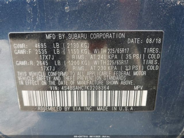 2019 SUBARU OUTBACK 4S4BSAHC7K3208364 Photo 8