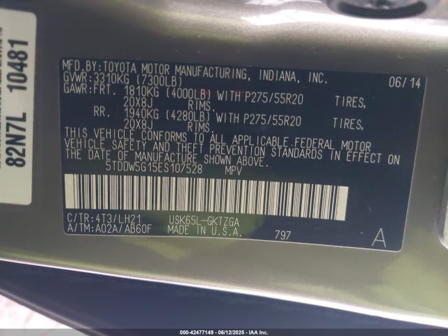 5TDDW5G15ES107528 Toyota 3ur-fbe