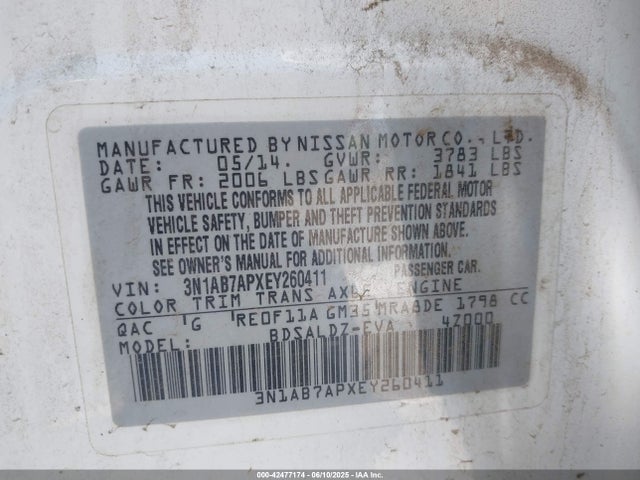 3N1AB7APXEY260411 Nissan 2014