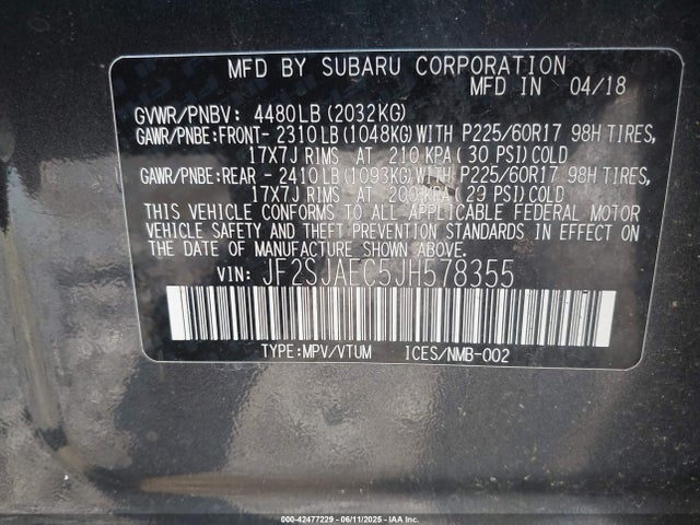 Subaru naturally aspirated u5 2018 JF2SJAEC5JH578355 Image 9