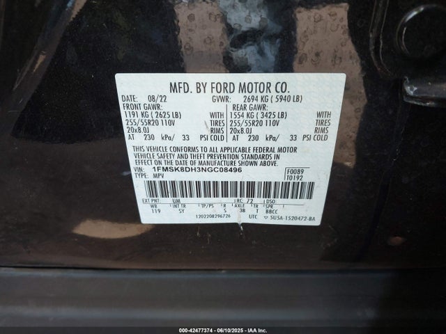 Ford ecoboost 2022 1FMSK8DH3NGC08496 Image 9