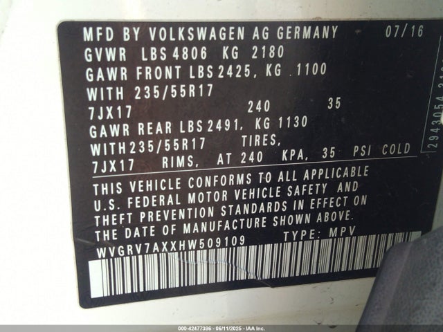 WVGRV7AXXHW509109 Volkswagen 2.0 tsi
