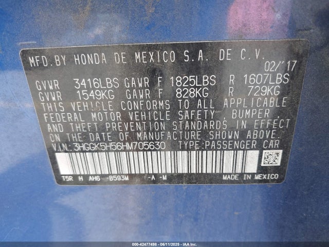 3HGGK5H56HM705630 Honda l15b1/l15b3