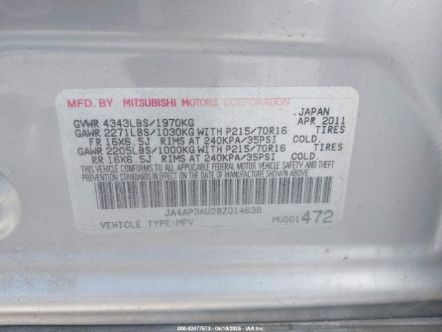 2011 MITSUBISHI OUTLANDER SPORT JA4AP3AU2BZ014638 Photo 8
