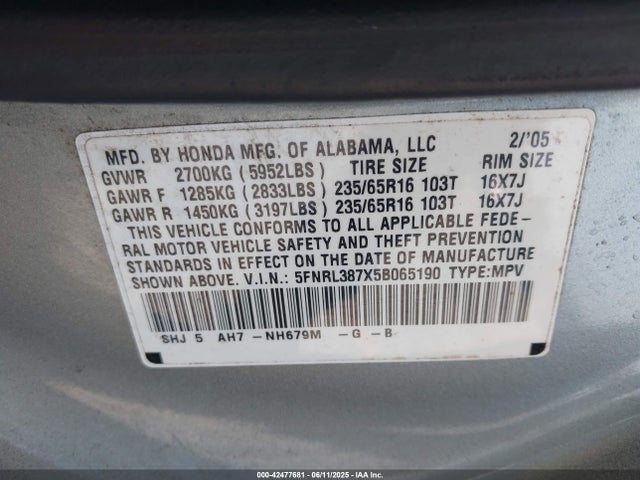 Продажа на аукционе авто 2005 Honda Odyssey Ex-l, vin: 5FNRL387X5B065190, номер лота: 42477681