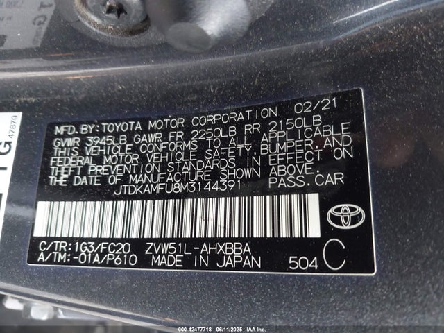 JTDKAMFU8M3144391 Toyota 2zr-fxe,1nm