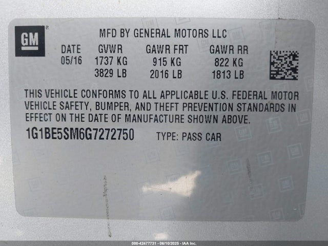 1G1BE5SM6G7272750 Chevrolet le2 - di: direct injection, alum, vvt, gen i, gmna