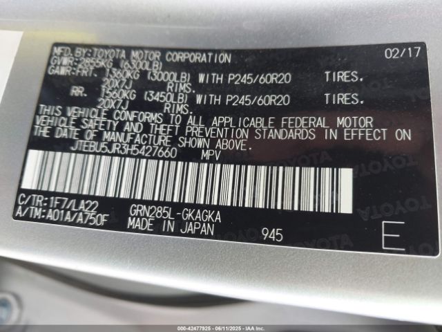 2017 TOYOTA 4RUNNER JTEBU5JR3H5427660 Photo 8