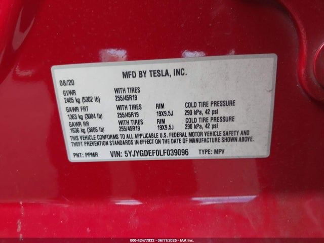 2020 TESLA MODEL Y 5YJYGDEF0LF039096 Photo 8