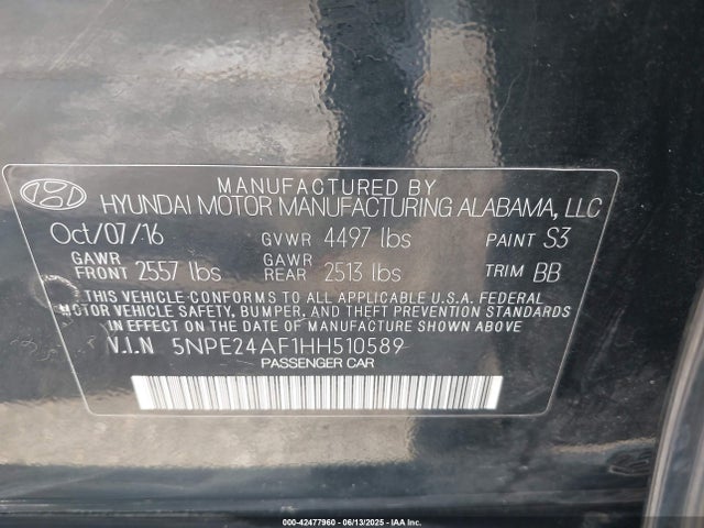 5NPE24AF1HH510589 Hyundai 2017