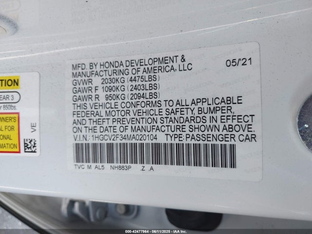 1HGCV2F34MA020104 Honda k20c4