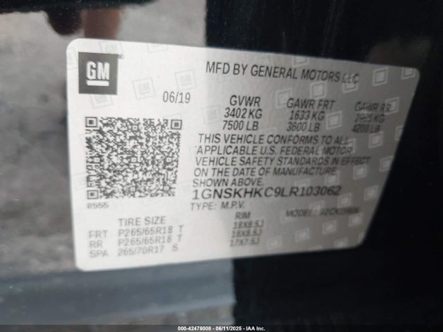1GNSKHKC9LR103062 Chevrolet l83 - sidi: spark ignited direct injection, vvt: variable valve timing, afm, e85 max, alum