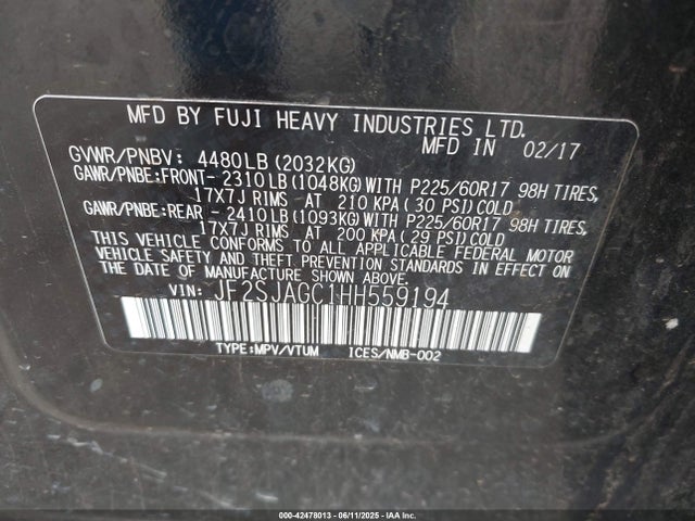 Subaru naturally aspirated u5 2017 JF2SJAGC1HH559194 Image 9