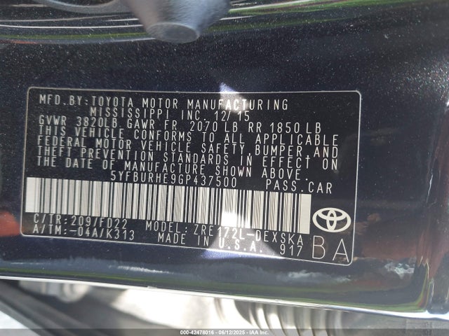 5YFBURHE9GP437500 Toyota 2zr-fe