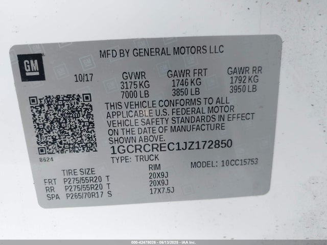 1GCRCREC1JZ172850 Chevrolet l83 - sidi: spark ignited direct injection, vvt: variable valve timing, afm, e85 max, alum