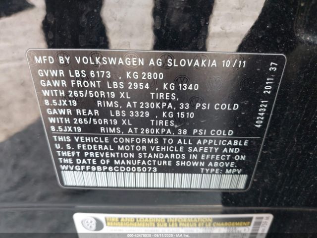 2012 VOLKSWAGEN TOUAREG WVGFF9BP6CD005073 Photo 8