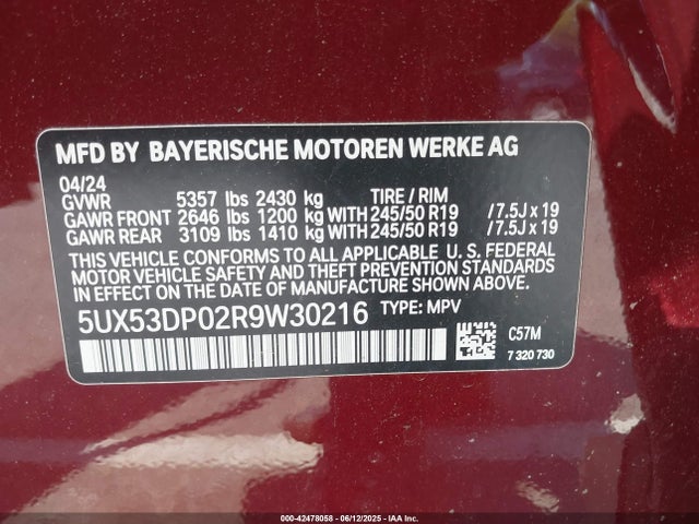5UX53DP02R9W30216 BMW 2024