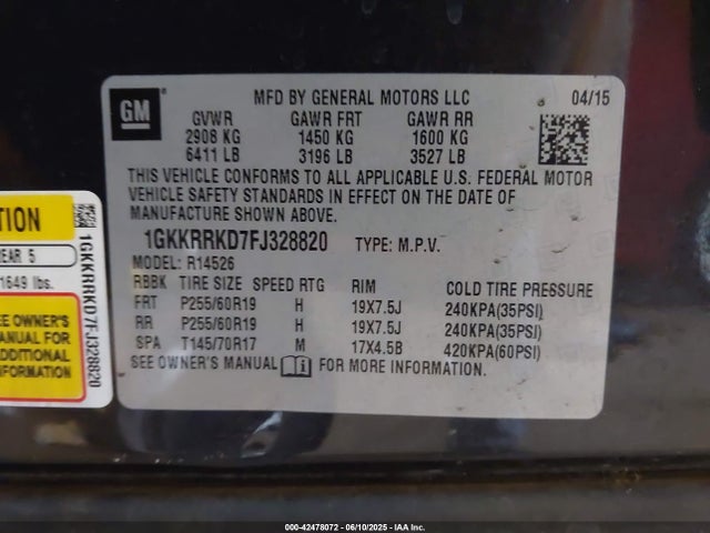 GMC llt 2015 1GKKRRKD7FJ328820 Image 9
