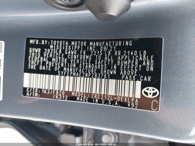 5YFEPMAE2NP283761 Toyota 2zr-fae
