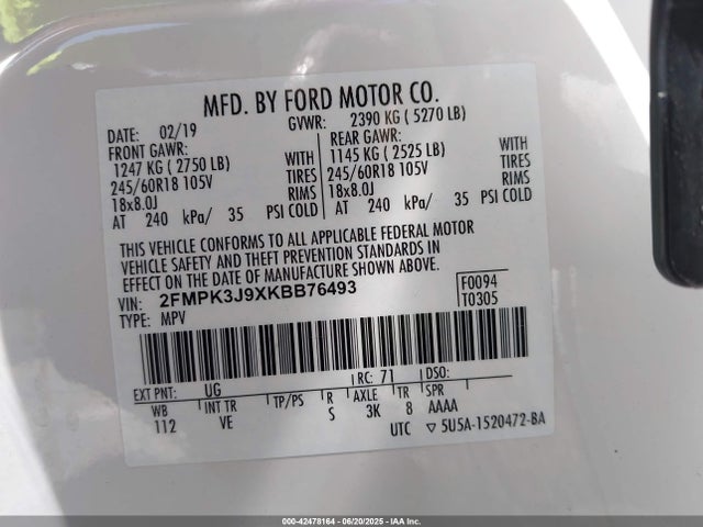 2FMPK3J9XKBB76493 Ford 2.0l gtdi w/premium fuel