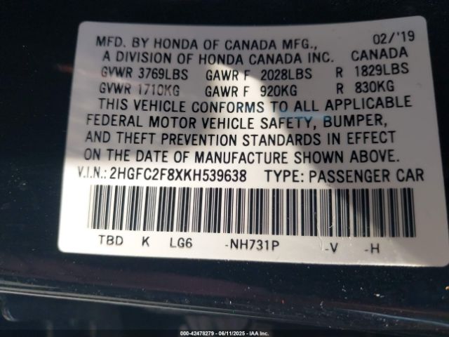 2019 HONDA CIVIC 2HGFC2F8XK8539638 Photo 8