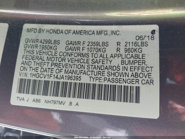 1HGCV1F14JA196395 Honda l15be