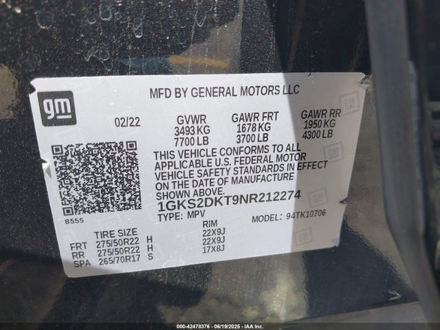 1GKS2DKT9NR212274 GMC lm2 - cri, l6, vgt, alum