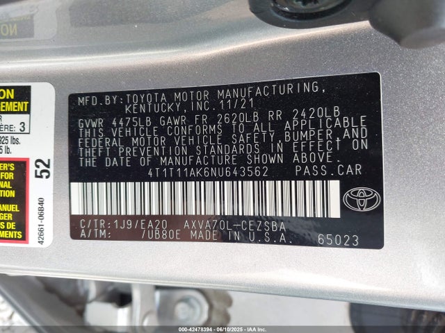 4T1T11AK6NU643562 Toyota a25a-fks