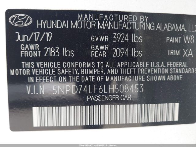5NPD74LF6LH508453 Hyundai ELANTRA SE