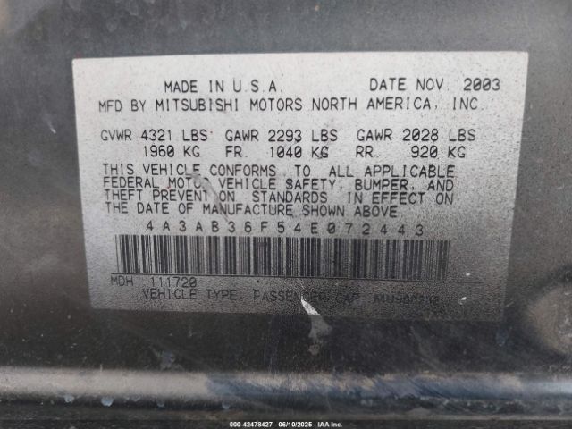 2004 MITSUBISHI GALANT 4A3AB36F54E072443 Photo 8