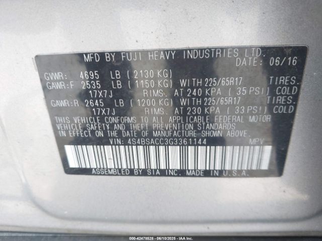 4S4BSACC3G3361144 Subaru Outback 2.5i Premium