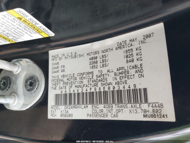 2008 MITSUBISHI ECLIPSE 4A3AK24F98E003449 Photo 8