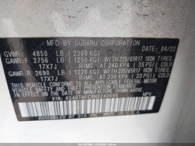Subaru na, u5 2022 4S4BTAFC8N3240695 Image 9