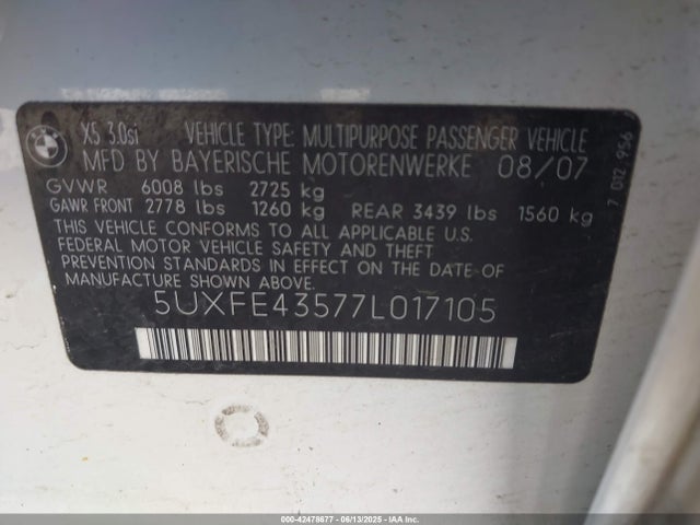 Aukcja sprzedaży 2007 Bmw X5 3.0si, vin: 5UXFE43577L017105, numer aukcji: 42478677