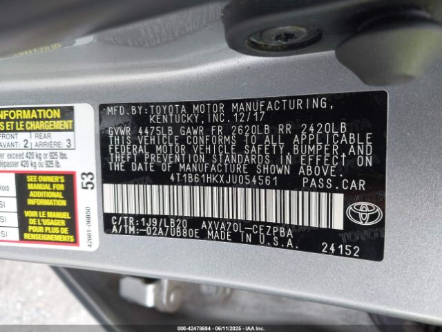 2018 TOYOTA CAMRY 4T1B61HKXJU054561 Photo 8