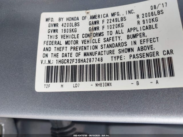 1HGCR2F39HA287748 Honda k24w1