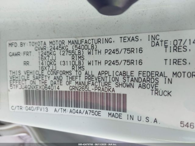 5TFJU4GNXEX064014 Toyota 1gr-fe