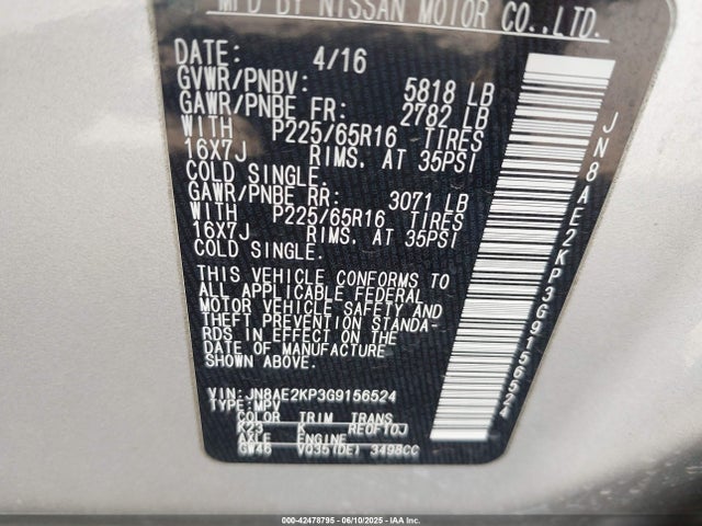 JN8AE2KP3G9156524 Nissan Quest Platinum/s/sl/sv