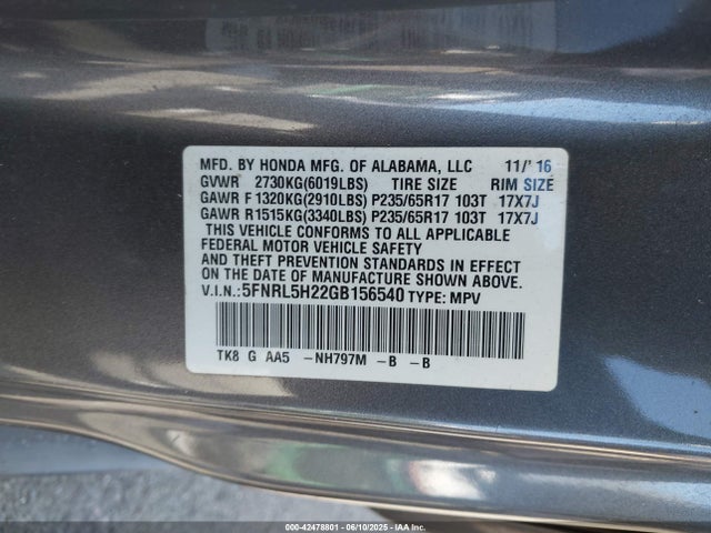5FNRL5H22GB156540 Honda j35z8