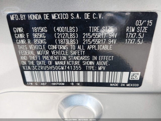 3CZRU5H50GM741355 Honda r18z9