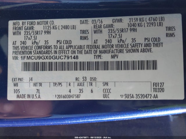 Ford ESCAPE SE 2016 1FMCU9GX0GUC79148 Image 9