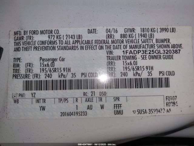 1FADP3E25GL320387 Ford Focus