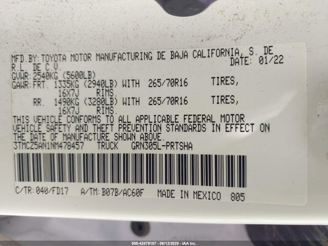 3TMCZ5AN1NM478457 Toyota 2gr-fks