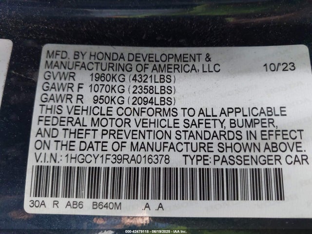 1HGCY1F39RA016378 Honda l15be