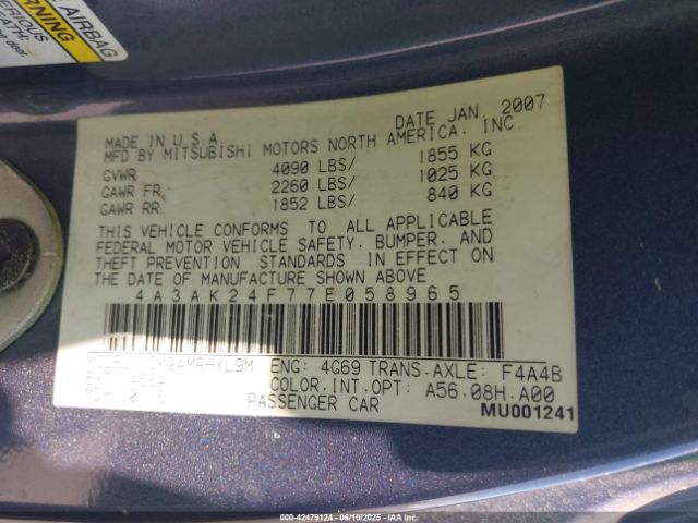 2007 MITSUBISHI ECLIPSE 4A3AK24F77E058965 Photo 8