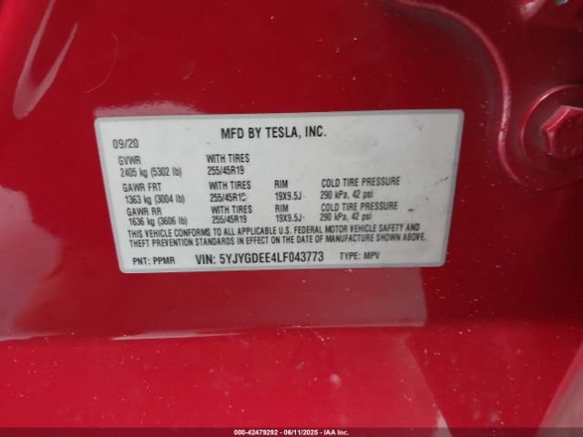 2020 TESLA MODEL Y 5YJYGDEE4LF043773 Photo 8